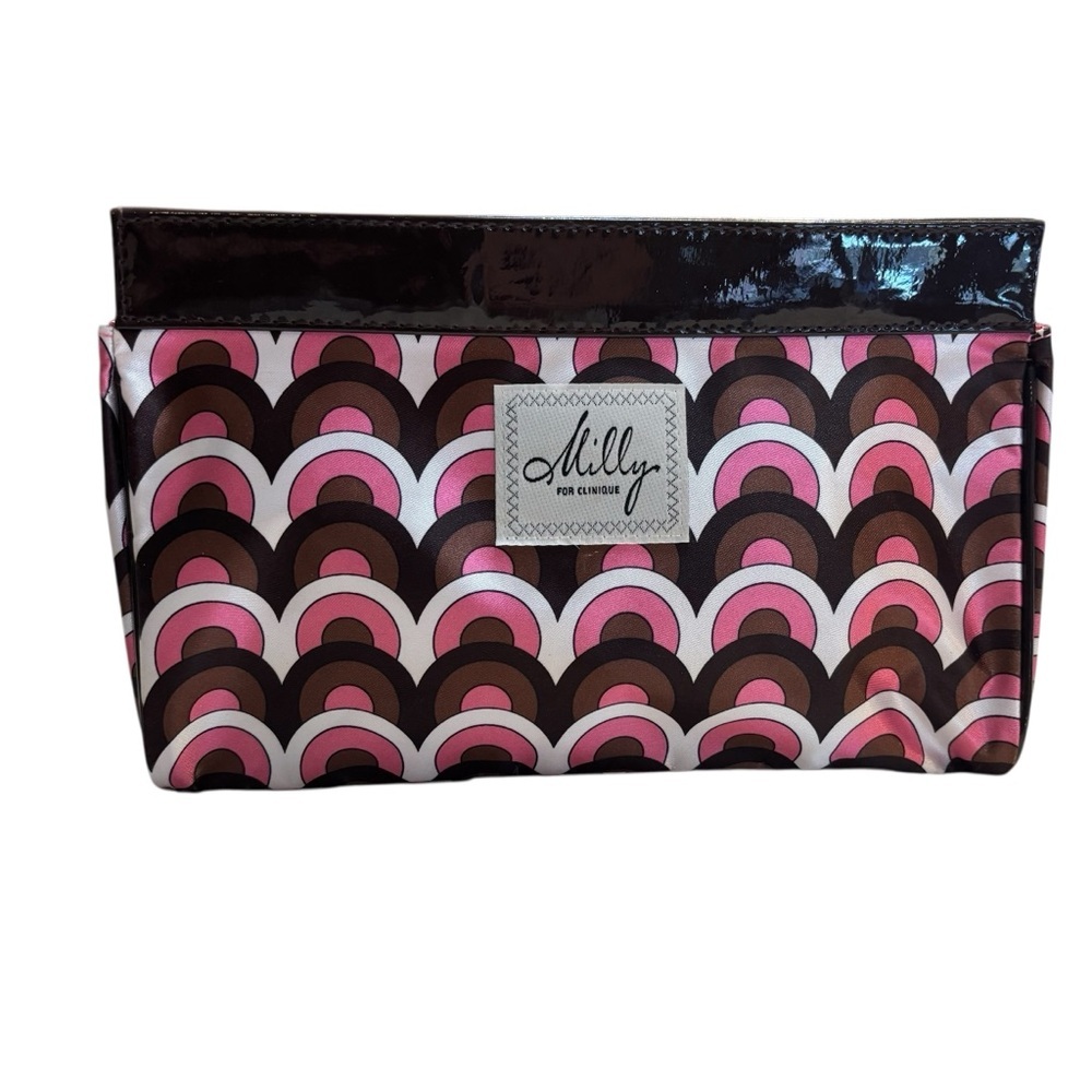 Milly Bag Retro Pink Brown White Satin Cosmetic Case Snap Close Pink Interior